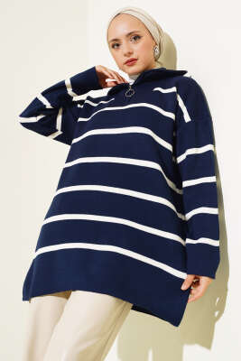 Yaka Fermuarlı Çizgili Triko Tunik Lacivert 