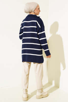 Yaka Fermuarlı Çizgili Triko Tunik Lacivert - Triko Tunik