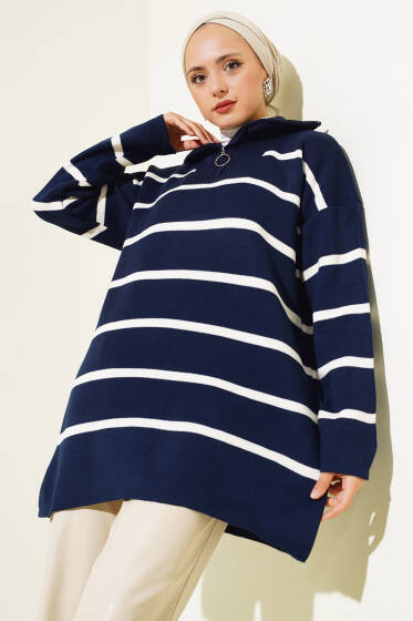 Yaka Fermuarlı Çizgili Triko Tunik Lacivert - Tunik