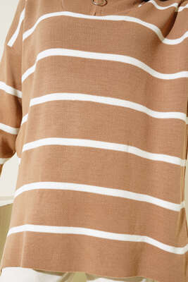 Yaka Fermuarlı Çizgili Triko Tunik Latte - Triko Tunik