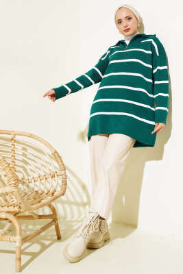 Yaka Fermuarlı Çizgili Triko Tunik Nefti - Triko Tunik