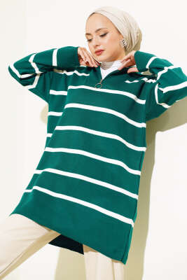 Yaka Fermuarlı Çizgili Triko Tunik Nefti 