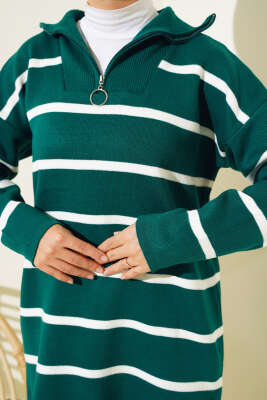 Yaka Fermuarlı Çizgili Triko Tunik Nefti - Triko Tunik