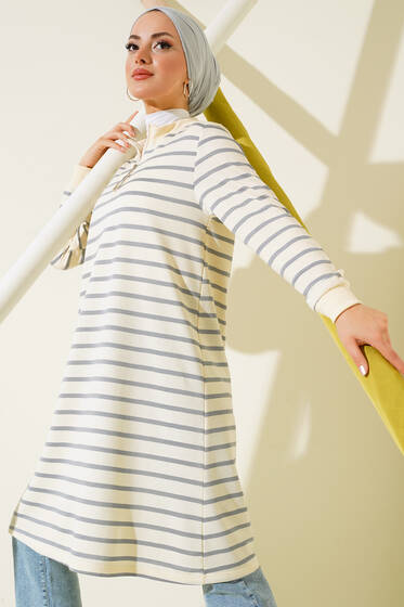 Yaka Fermuarlı Çizgili Tunik Gri - Tunik