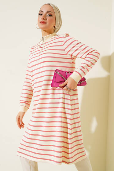 Yaka Fermuarlı Çizgili Tunik Gül Kurusu - Tunik