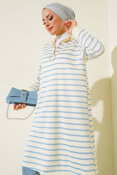 Yaka Fermuarlı Çizgili Tunik İndigo - Tunik
