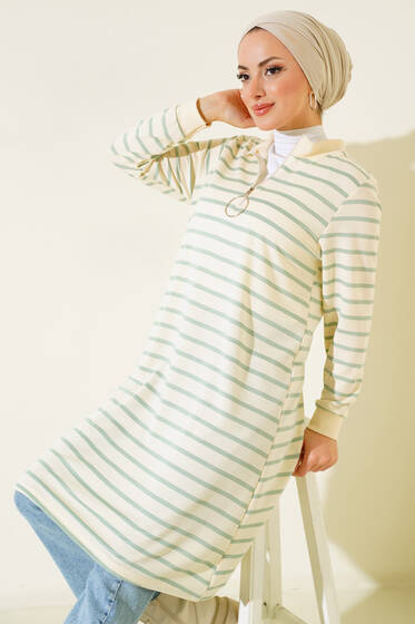 Yaka Fermuarlı Çizgili Tunik Mint - Tunik