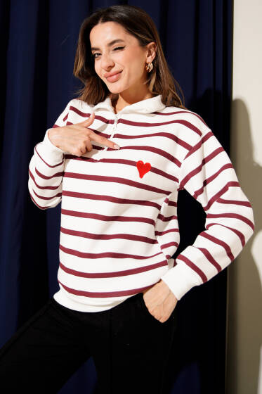 Yaka Fermuarlı Çizgili Üç İplik Sweatshirt Bordo - Kadın Giyim Modelleri