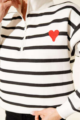 Yaka Fermuarlı Çizgili Üç İplik Sweatshirt Siyah - Kadın Giyim Modelleri