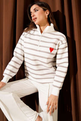 Yaka Fermuarlı Çizgili Üç İplik Sweatshirt Vizon - CALİENTE