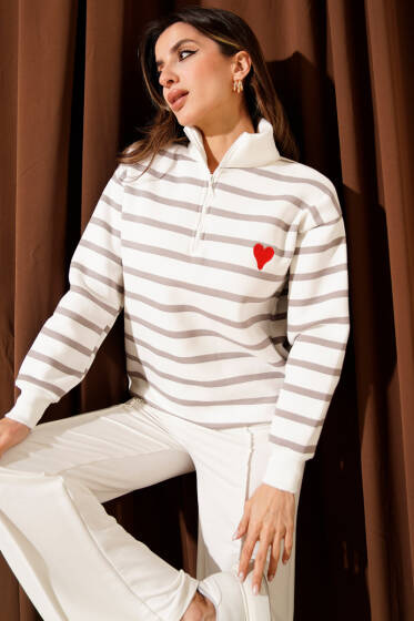 Yaka Fermuarlı Çizgili Üç İplik Sweatshirt Vizon - Kadın Giyim Modelleri