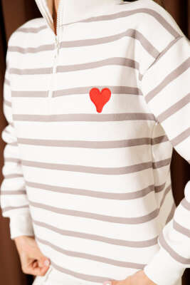 Yaka Fermuarlı Çizgili Üç İplik Sweatshirt Vizon - Kadın Giyim Modelleri