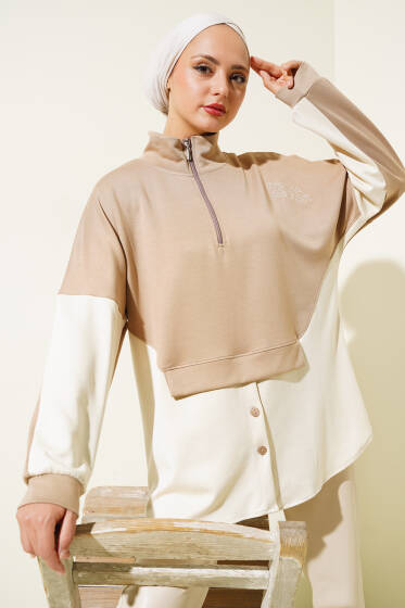 Yaka Fermuarlı Düğme Detay Tunik Latte - Tunik