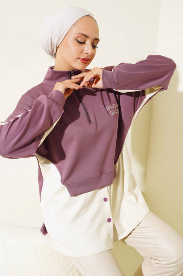 Yaka Fermuarlı Düğme Detay Tunik Magenta - Tunik