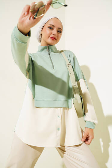 Yaka Fermuarlı Düğme Detay Tunik Mint - Tunik