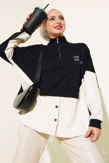 Yaka Fermuarlı Düğme Detay Tunik Siyah - Tunik