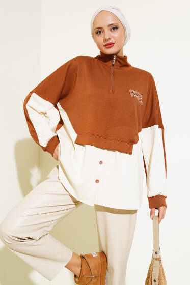 Yaka Fermuarlı Düğme Detay Tunik Taba - Tunik