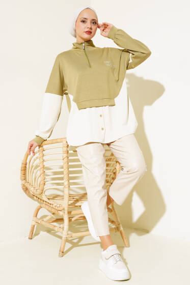 Yaka Fermuarlı Düğme Detay Tunik Yağ Yeşili - Tunik