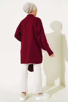 Yaka Fermuarlı Düşük Omuz Triko Tunik Bordo - Triko Tunik