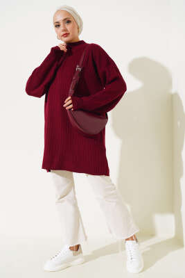 Yaka Fermuarlı Düşük Omuz Triko Tunik Bordo - Triko Tunik