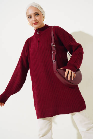 Yaka Fermuarlı Düşük Omuz Triko Tunik Bordo - Tunik