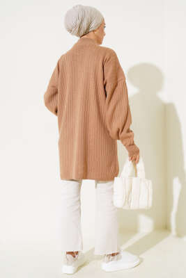 Yaka Fermuarlı Düşük Omuz Triko Tunik Büsküvi - Triko Tunik