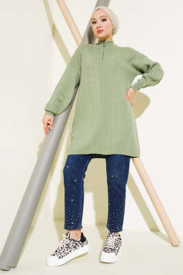 Yaka Fermuarlı Düşük Omuz Triko Tunik Çağla Yeşili - Triko Tunik