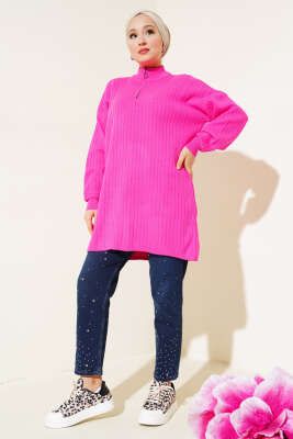 Yaka Fermuarlı Düşük Omuz Triko Tunik Fuşya - Triko Tunik