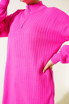 Yaka Fermuarlı Düşük Omuz Triko Tunik Fuşya - Triko Tunik