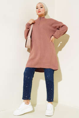 Yaka Fermuarlı Düşük Omuz Triko Tunik Gül Kurusu - Triko Tunik