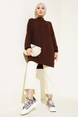 Yaka Fermuarlı Düşük Omuz Triko Tunik Kahve - Triko Tunik