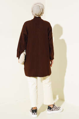 Yaka Fermuarlı Düşük Omuz Triko Tunik Kahve - Triko Tunik