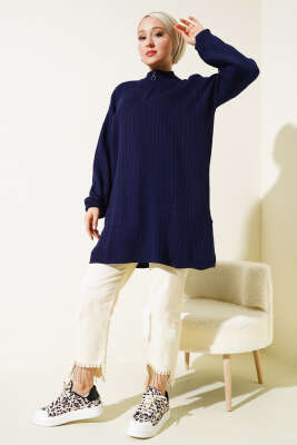 Yaka Fermuarlı Düşük Omuz Triko Tunik Lacivert - Triko Tunik