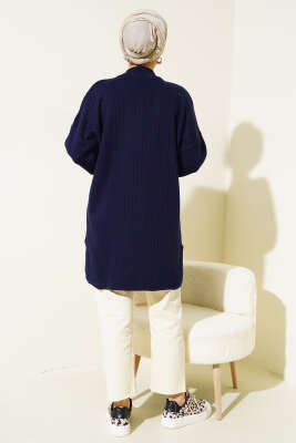 Yaka Fermuarlı Düşük Omuz Triko Tunik Lacivert - Triko Tunik