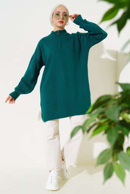 Yaka Fermuarlı Düşük Omuz Triko Tunik Nefti - Triko Tunik