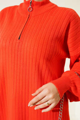 Yaka Fermuarlı Düşük Omuz Triko Tunik Oranj - Triko Tunik