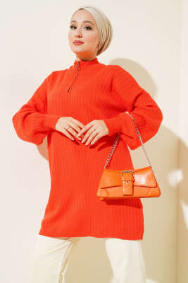 Yaka Fermuarlı Düşük Omuz Triko Tunik Oranj - Triko Tunik