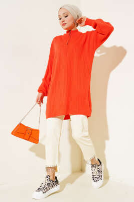 Yaka Fermuarlı Düşük Omuz Triko Tunik Oranj - Triko Tunik