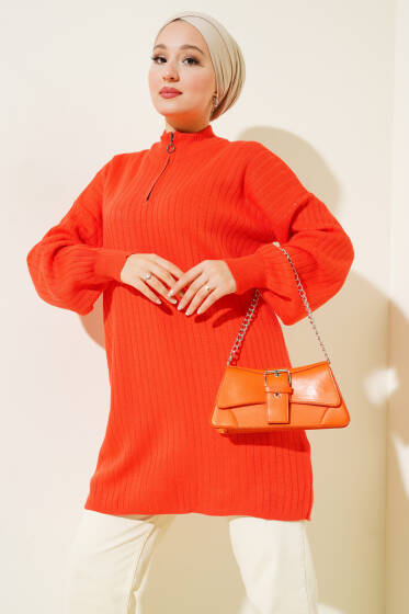 Yaka Fermuarlı Düşük Omuz Triko Tunik Oranj - Tunik