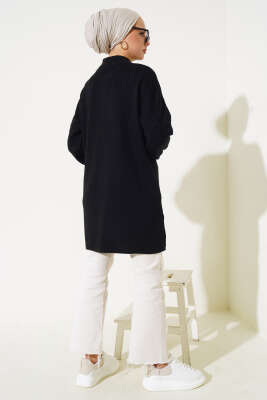 Yaka Fermuarlı Düşük Omuz Triko Tunik Siyah - Triko Tunik