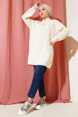 Yaka Fermuarlı Düşük Omuz Triko Tunik Taş - Triko Tunik