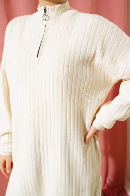 Yaka Fermuarlı Düşük Omuz Triko Tunik Taş - Triko Tunik