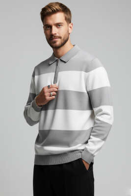 Yaka Fermuarlı Erkek Triko Kazak Gri - WİPEOUT