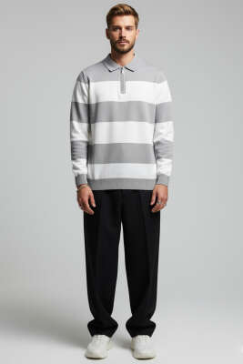 Yaka Fermuarlı Erkek Triko Kazak Gri - Erkek Kazak