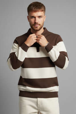 Yaka Fermuarlı Erkek Triko Kazak Kahve - WİPEOUT