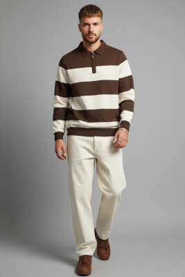 Yaka Fermuarlı Erkek Triko Kazak Kahve - Erkek Kazak