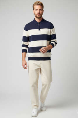 Yaka Fermuarlı Erkek Triko Kazak Lacivert - Erkek Kazak