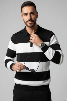 Yaka Fermuarlı Erkek Triko Kazak Siyah - WİPEOUT