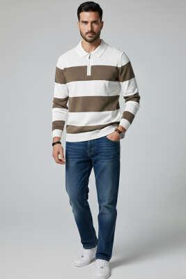 Yaka Fermuarlı Erkek Triko Kazak Vizon - Erkek Kazak