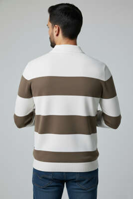 Yaka Fermuarlı Erkek Triko Kazak Vizon - Erkek Kazak